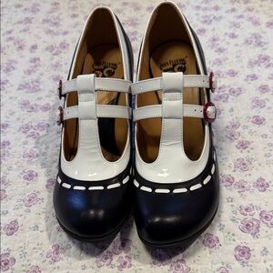 John Fluevog Two-Tone Black, White and Pink T-Strap Heels
